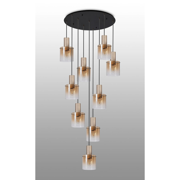 Idolite Crewe 98cm Round 9 Light Cluster Pendant Titanium Gold/Satin Black With Amber Fade Glass