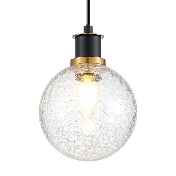 Idolite Haughton IP 1.3m Pendant, 1 x E14 With 15cm Round Crackled Glass Shade, Brass, Clear & Satin Black