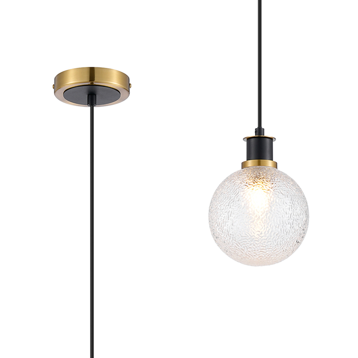 Idolite Haughton IP 1.3m Pendant, 1 x E14 With 15cm Round Dimpled Glass Shade, Brass, Clear & Satin Black