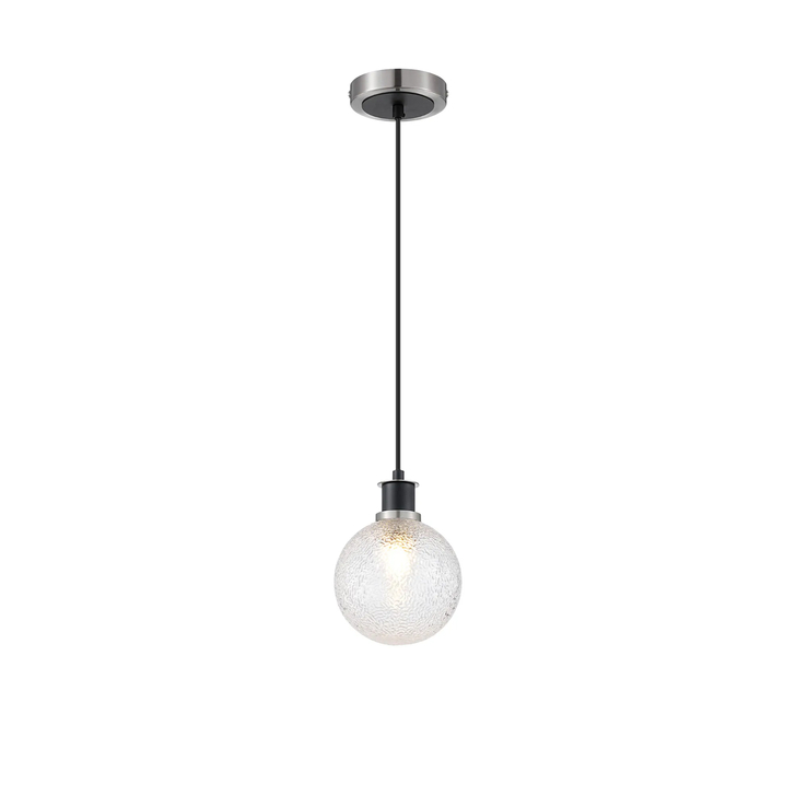 Idolite Haughton IP 1.3m Pendant, 1 x E14 With 15cm Round Dimpled Glass Shade, Satin Nickel, Clear & Satin Black