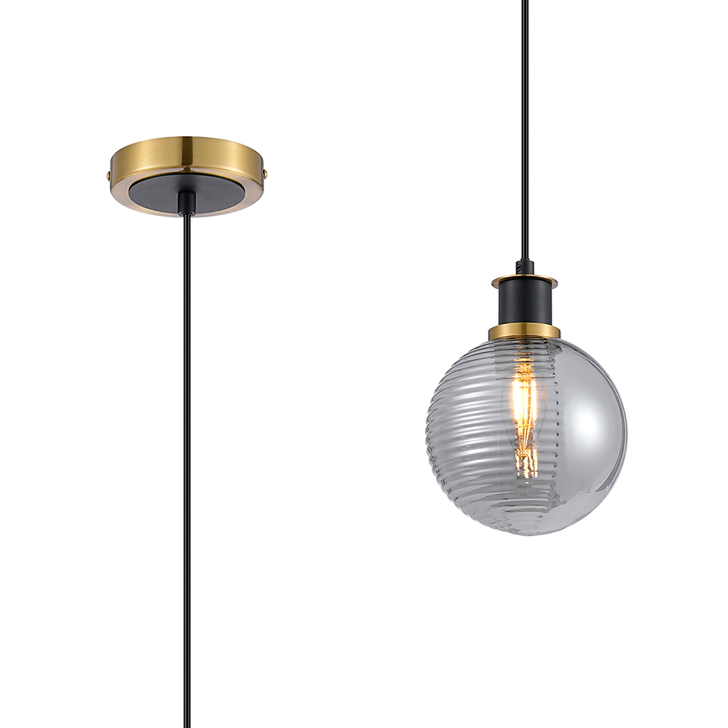 Idolite Haughton IP 1.3m Pendant, 1 x E14 With 15cm Round Double Textured Smooth/Ribbed Glass Shade, Brass, Smoke Plated & Satin Black