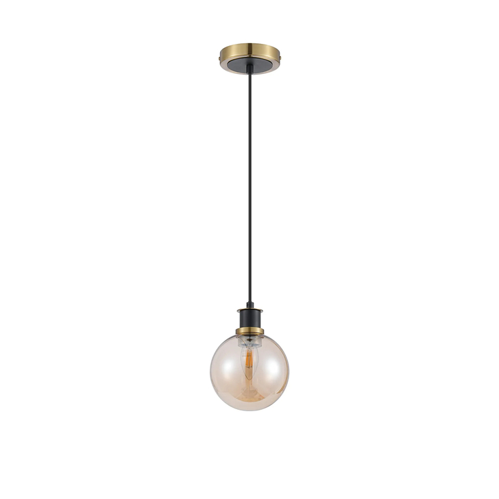 Idolite Haughton IP 1.3m Pendant, 1 x E14 With 15cm Round Glass Shade, Brass, Amber Plated & Satin Black