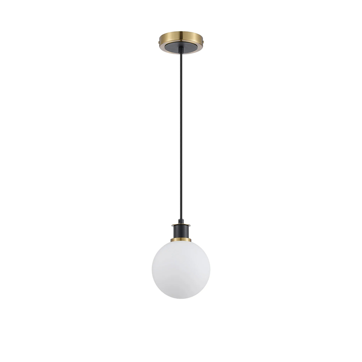 Idolite Haughton IP 1.3m Pendant, 1 x E14 With 15cm Round Glass Shade, Brass, Opal & Satin Black