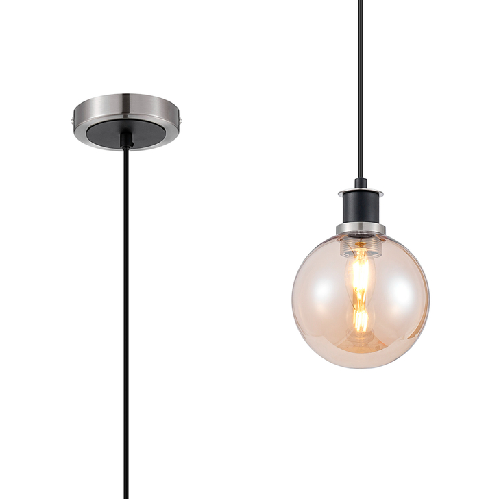 Idolite Haughton IP 1.3m Pendant, 1 x E14 With 15cm Round Glass Shade, Satin Nickel, Amber Plated & Satin Black
