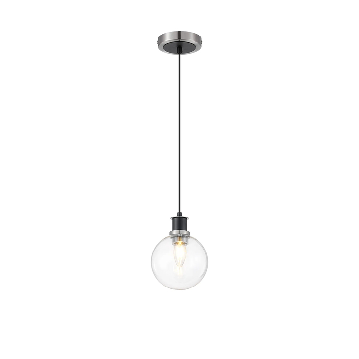 Idolite Haughton IP 1.3m Pendant, 1 x E14 With 15cm Round Glass Shade, Satin Nickel, Clear & Satin Black