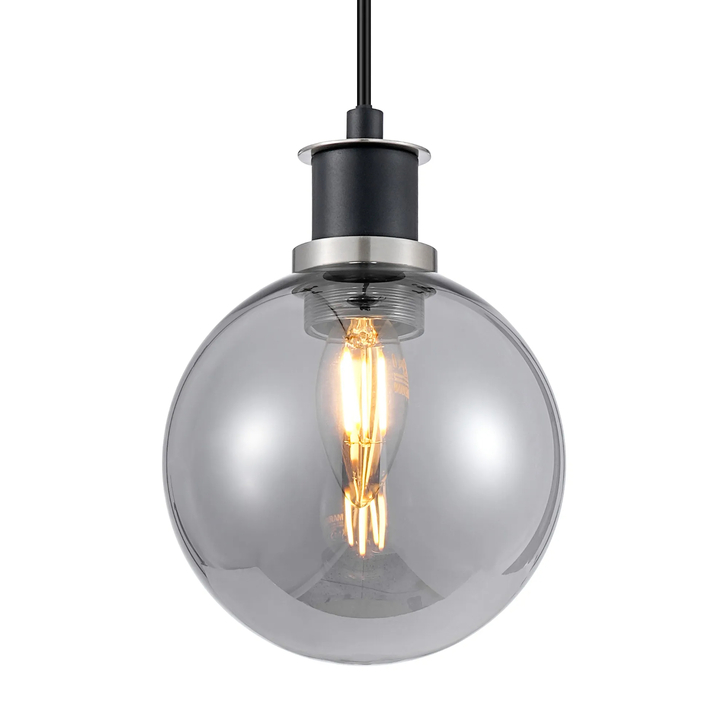 Idolite Haughton IP 1.3m Pendant, 1 x E14 With 15cm Round Glass Shade, Satin Nickel, Smoke Plated & Satin Black
