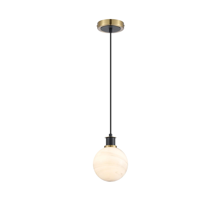 Idolite Haughton IP 1.3m Pendant, 1 x E14 With 15cm Round Marble Effect Glass Shade, Brass, White & Satin Black