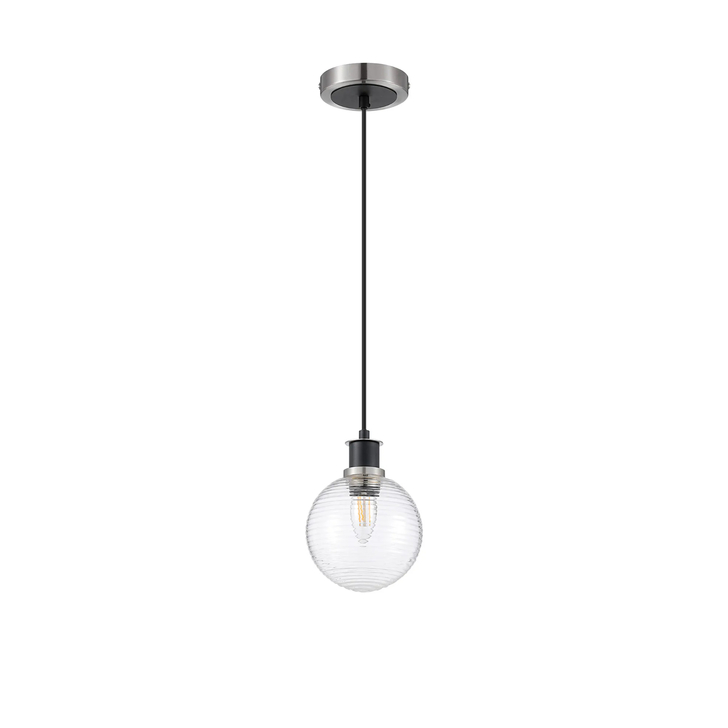 Idolite Haughton IP 1.3m Pendant, 1 x E14 With 15cm Round Ribbed Glass Shade, Satin Nickel, Clear & Satin Black