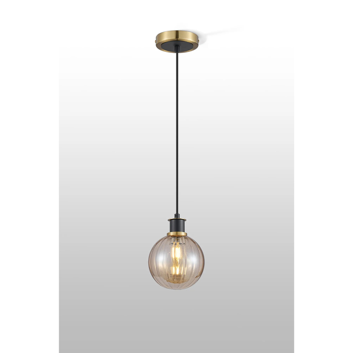 Idolite Haughton IP 1.3m Pendant, 1 x E14 With 15cm Round Segment Glass Shade, Brass, Amber Plated & Satin Black