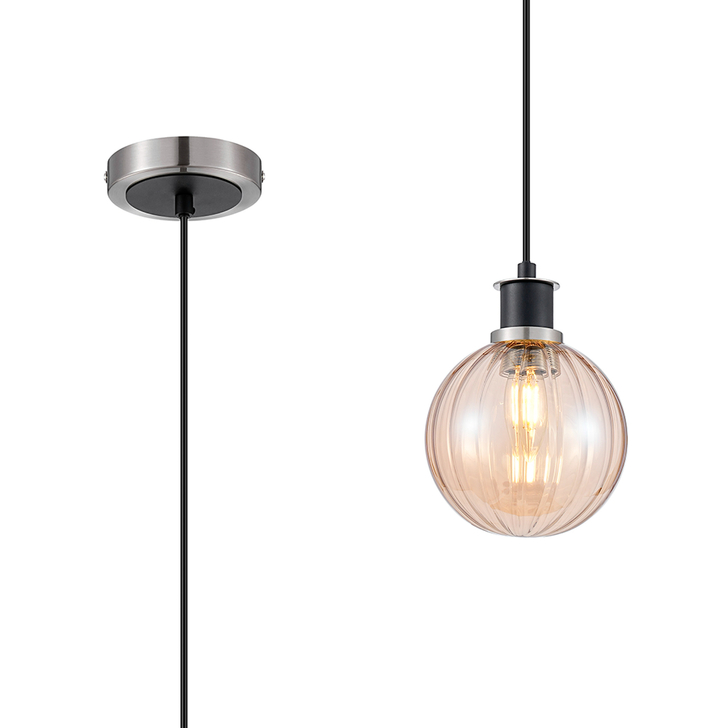 Idolite Haughton IP 1.3m Pendant, 1 x E14 With 15cm Round Segment Glass Shade, Satin Nickel, Amber Plated & Satin Black