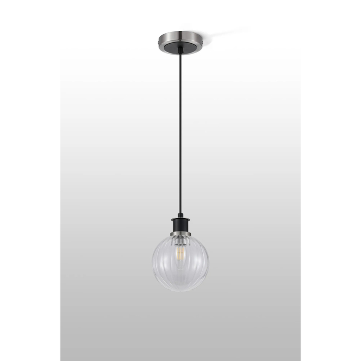 Idolite Haughton IP 1.3m Pendant, 1 x E14 With 15cm Round Segment Glass Shade, Satin Nickel, Clear & Satin Black
