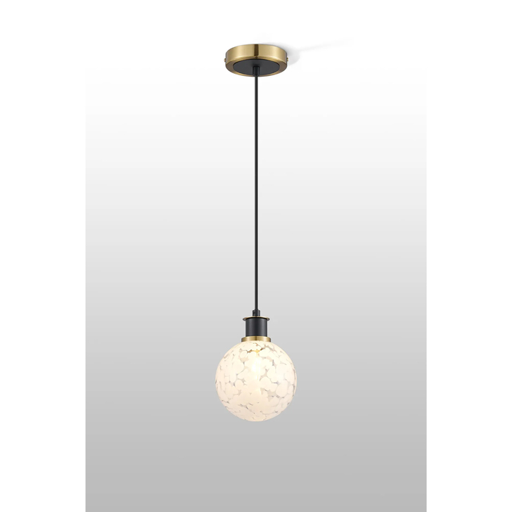 Idolite Haughton IP 1.3m Pendant, 1 x E14 With 15cm Round Speckled Glass Shade, Brass, White & Satin Black