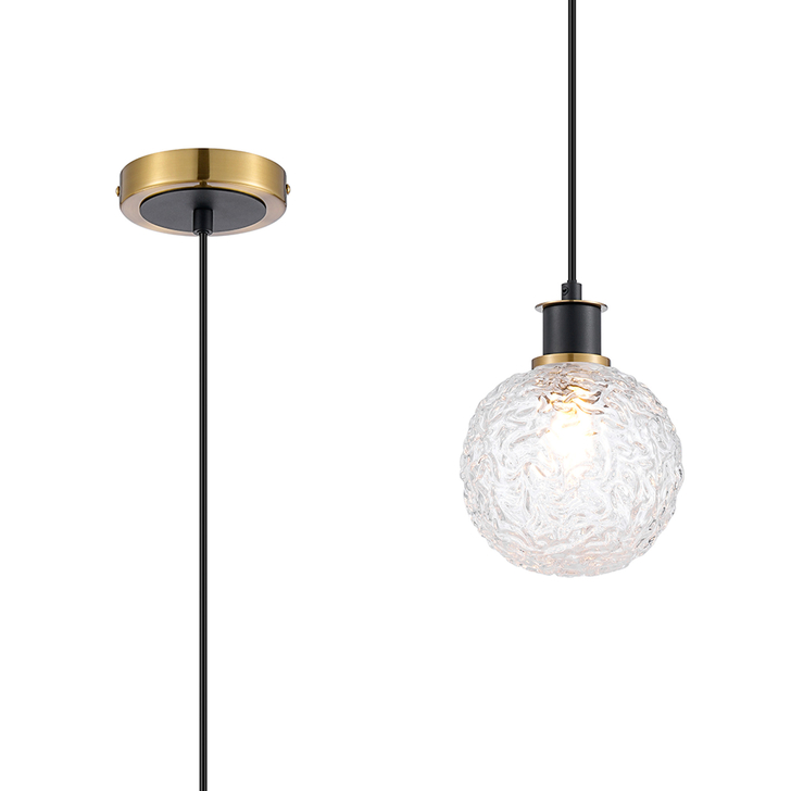 Idolite Haughton IP 1.3m Pendant, 1 x E14 With 15cm Round Textured Crumple Glass Shade, Brass, Clear & Satin Black