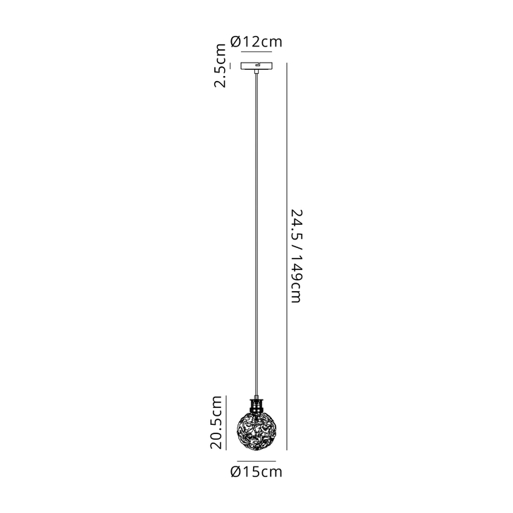 Idolite Haughton IP 1.3m Pendant, 1 x E14 With 15cm Round Textured Crumple Glass Shade, Satin Nickel, Clear & Satin Black