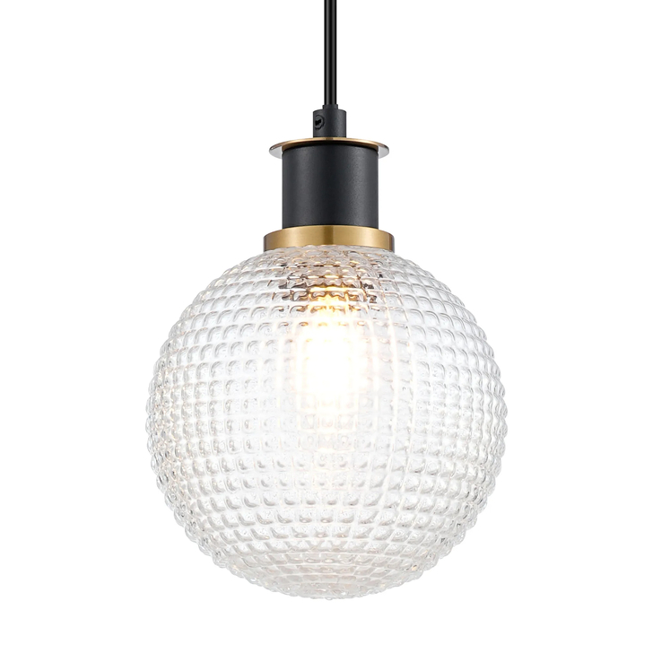 Idolite Haughton IP 1.3m Pendant, 1 x E14 With 15cm Round Textured Diamond Pattern Glass Shade, Brass, Clear & Satin Black