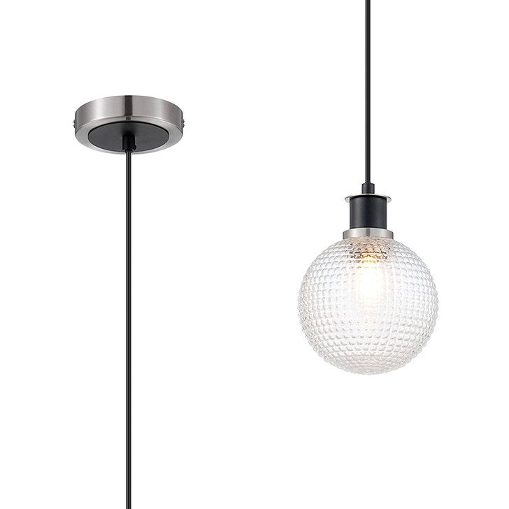 Idolite Haughton IP 1.3m Pendant, 1 x E14 With 15cm Round Textured Diamond Pattern Glass Shade, Satin Nickel, Clear & Satin Black