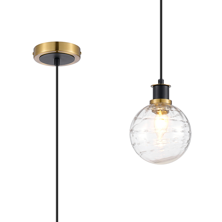 Idolite Haughton IP 1.3m Pendant, 1 x E14 With 15cm Round Textured Melting Glass Shade, Brass, Clear & Satin Black