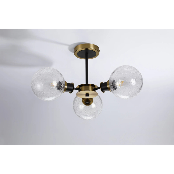 Idolite Haughton IP Semi Ceiling, 3 x E14 With 15cm Round Crackled Glass Shade, Brass, Clear & Satin Black
