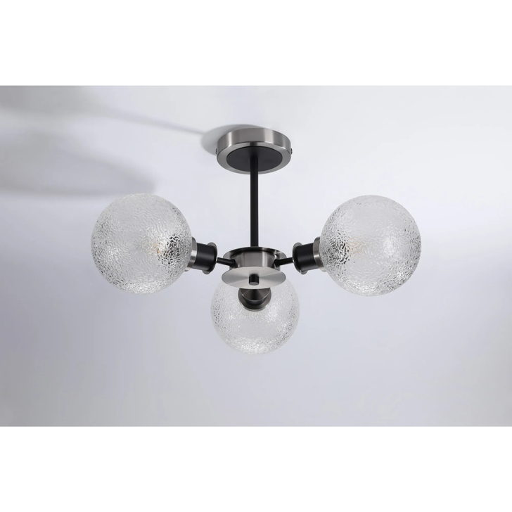 Idolite Haughton IP Semi Ceiling, 3 x E14 With 15cm Round Dimpled Glass Shade, Satin Nickel, Clear & Satin Black