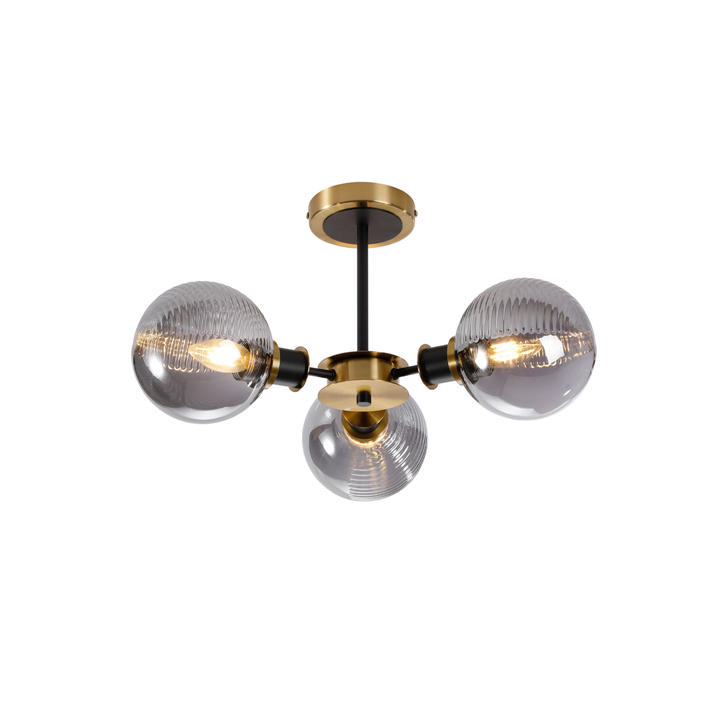 Idolite Haughton IP Semi Ceiling, 3 x E14 With 15cm Round Double Textured Smooth/Ribbed Glass Shade, Brass, Smoke Plated & Satin Black