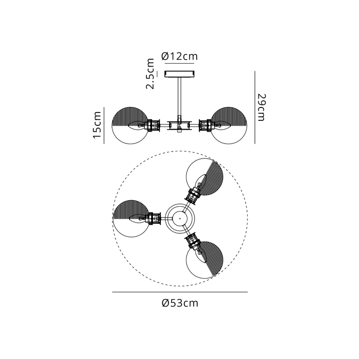 Idolite Haughton IP Semi Ceiling, 3 x E14 With 15cm Round Double Textured Smooth/Ribbed Glass Shade, Satin Nickel, Smoke Plated & Satin Black