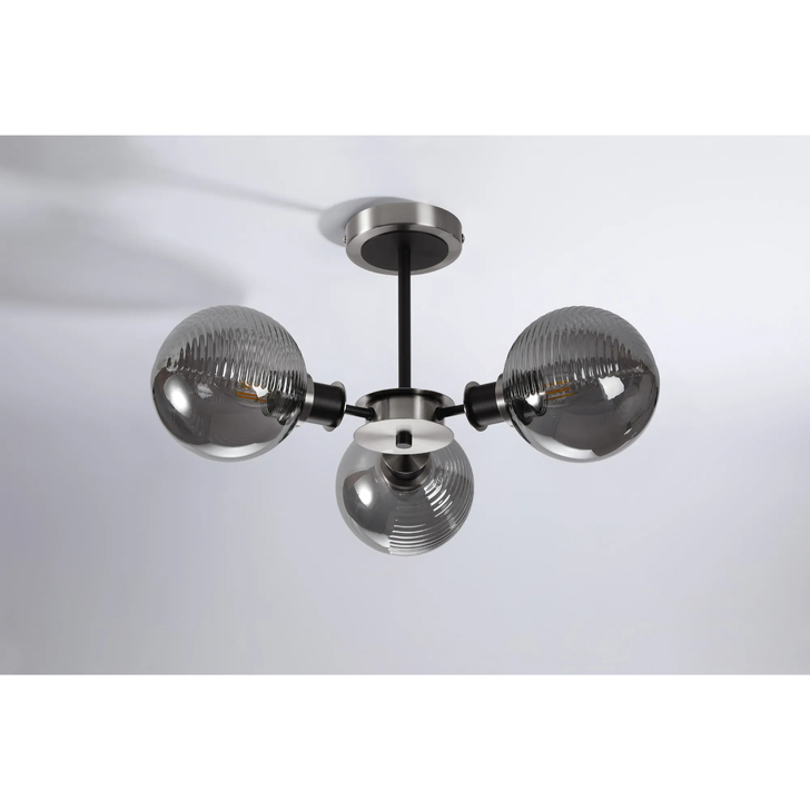 Idolite Haughton IP Semi Ceiling, 3 x E14 With 15cm Round Double Textured Smooth/Ribbed Glass Shade, Satin Nickel, Smoke Plated & Satin Black