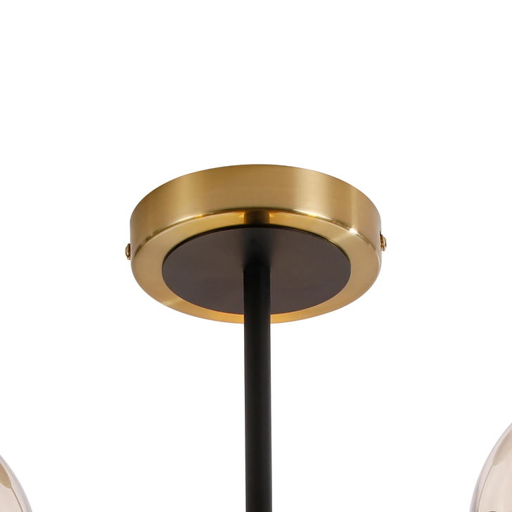 Idolite Haughton IP Semi Ceiling, 3 x E14 With 15cm Round Glass Shade, Brass, Amber Plated & Satin Black