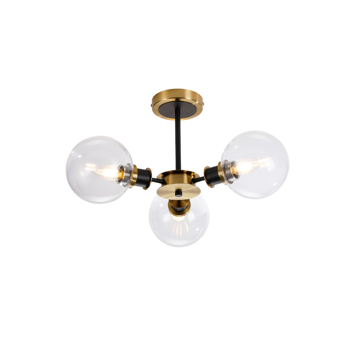 Idolite Haughton IP Semi Ceiling, 3 x E14 With 15cm Round Glass Shade, Brass, Clear & Satin Black