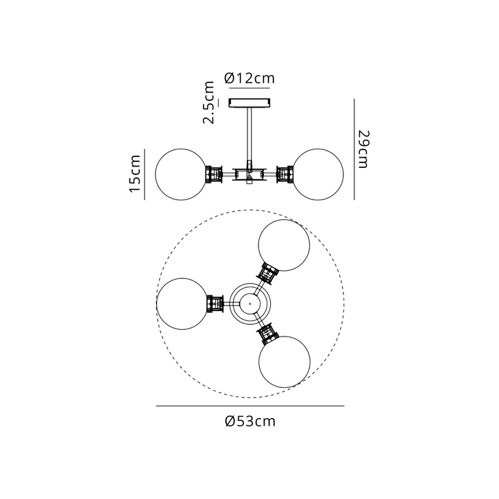Idolite Haughton IP Semi Ceiling, 3 x E14 With 15cm Round Glass Shade, Brass, Opal & Satin Black