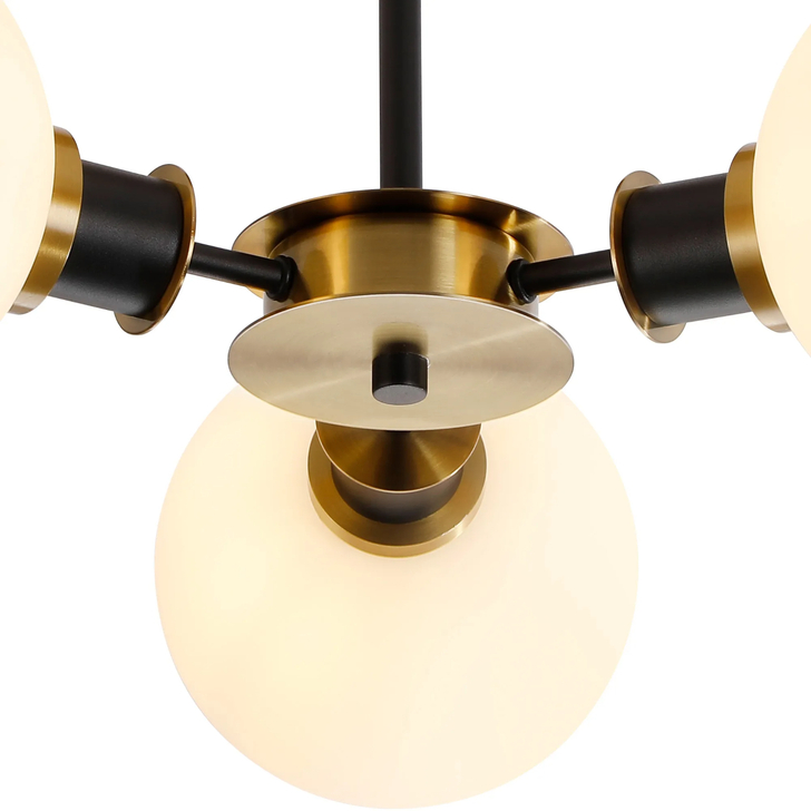 Idolite Haughton IP Semi Ceiling, 3 x E14 With 15cm Round Glass Shade, Brass, Opal & Satin Black