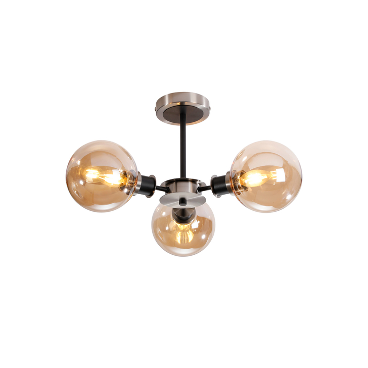 Idolite Haughton IP Semi Ceiling, 3 x E14 With 15cm Round Glass Shade, Satin Nickel, Amber Plated & Satin Black