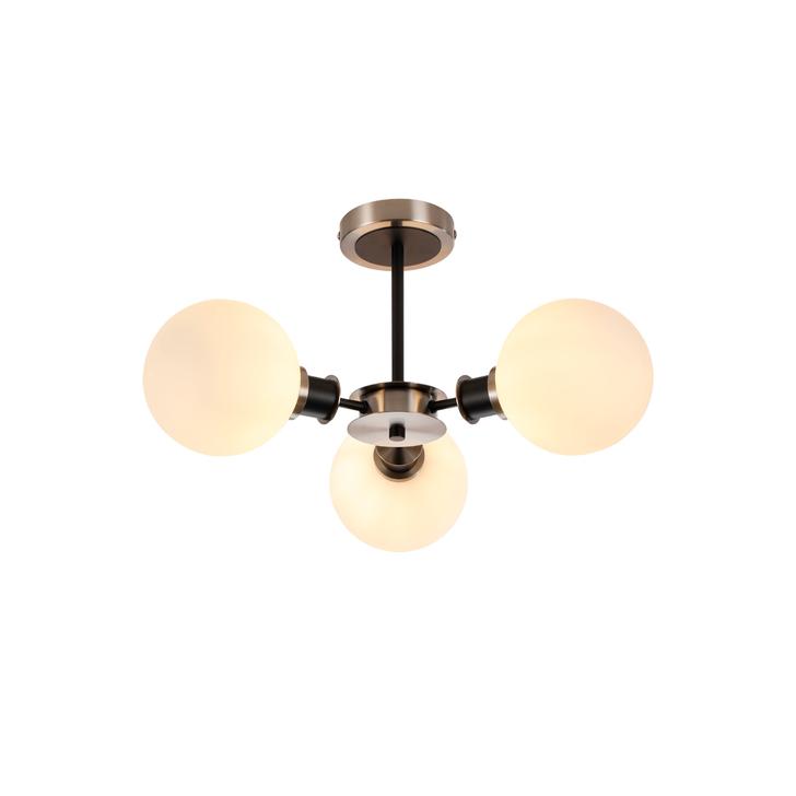 Idolite Haughton IP Semi Ceiling, 3 x E14 With 15cm Round Glass Shade, Satin Nickel, Opal & Satin Black