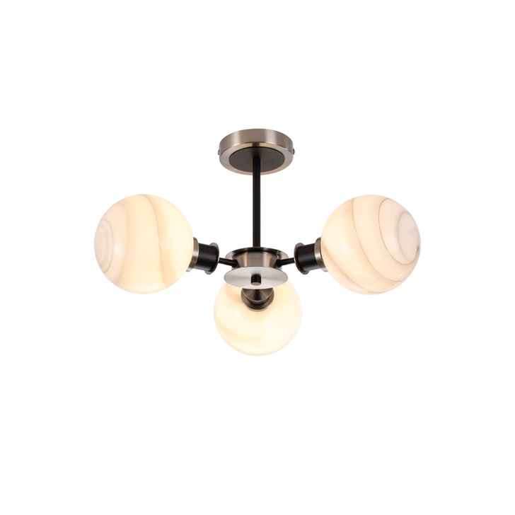Idolite Haughton IP Semi Ceiling, 3 x E14 With 15cm Round Marble Effect Glass Shade, Satin Nickel, White & Satin Black