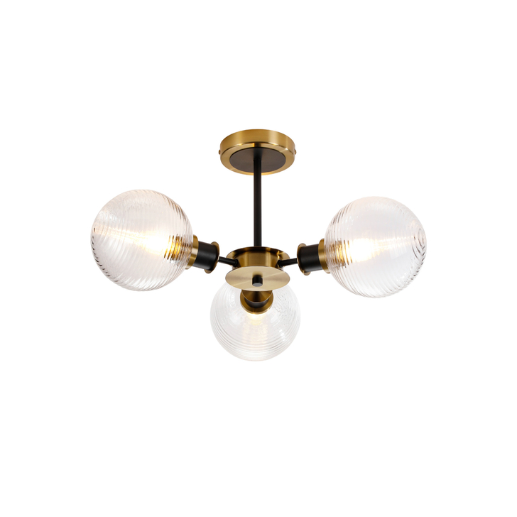 Idolite Haughton IP Semi Ceiling, 3 x E14 With 15cm Round Ribbed Glass Shade, Brass, Clear & Satin Black