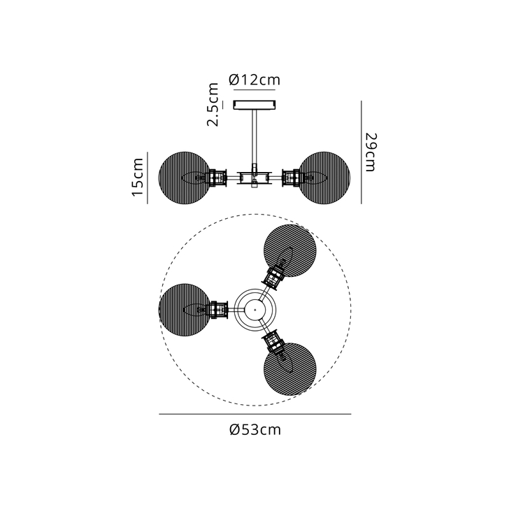 Idolite Haughton IP Semi Ceiling, 3 x E14 With 15cm Round Ribbed Glass Shade, Satin Nickel, Clear & Satin Black