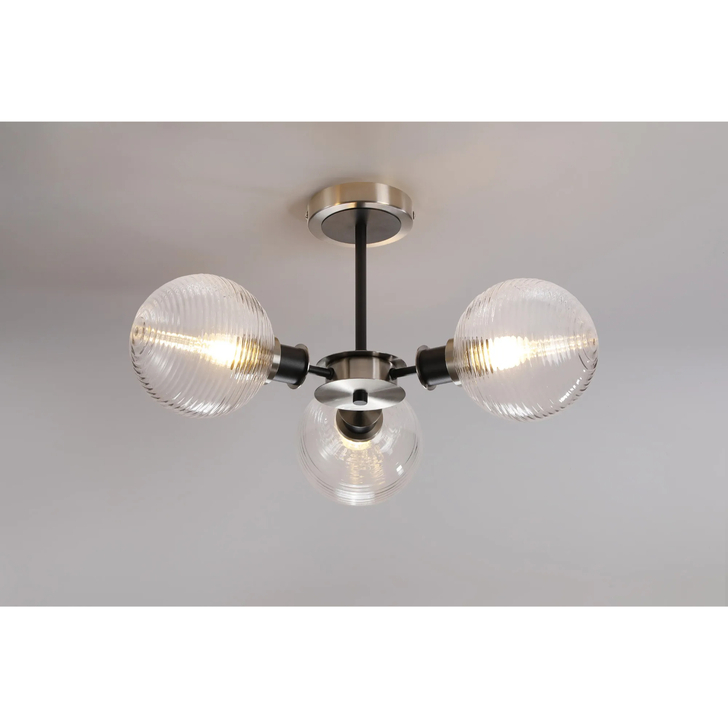 Idolite Haughton IP Semi Ceiling, 3 x E14 With 15cm Round Ribbed Glass Shade, Satin Nickel, Clear & Satin Black
