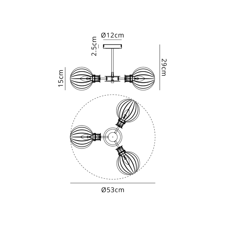 Idolite Haughton IP Semi Ceiling, 3 x E14 With 15cm Round Segment Glass Shade, Brass, Clear & Satin Black