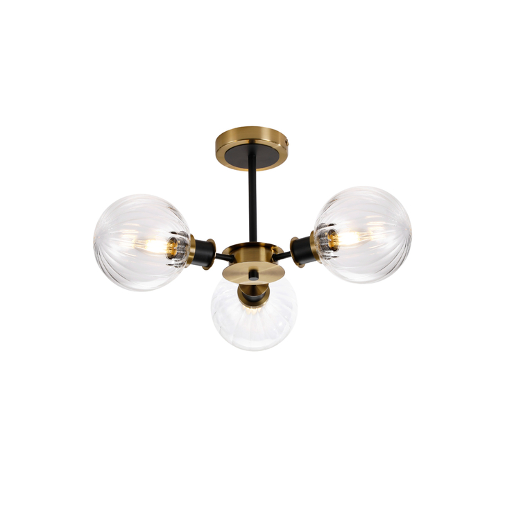 Idolite Haughton IP Semi Ceiling, 3 x E14 With 15cm Round Segment Glass Shade, Brass, Clear & Satin Black