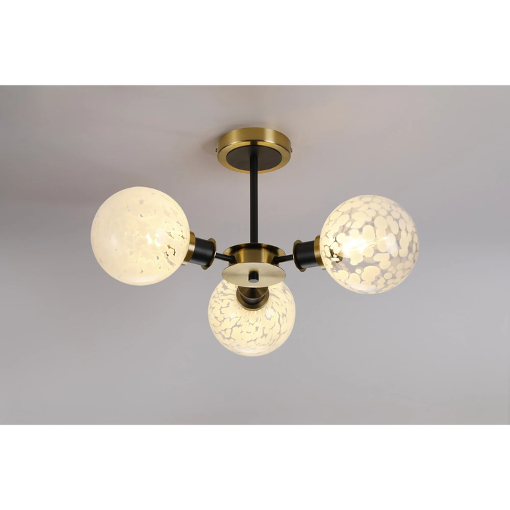 Idolite Haughton IP Semi Ceiling, 3 x E14 With 15cm Round Speckled Glass Shade, Brass, White & Satin Black
