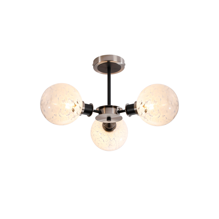 Idolite Haughton IP Semi Ceiling, 3 x E14 With 15cm Round Speckled Glass Shade, Satin Nickel, White & Satin Black