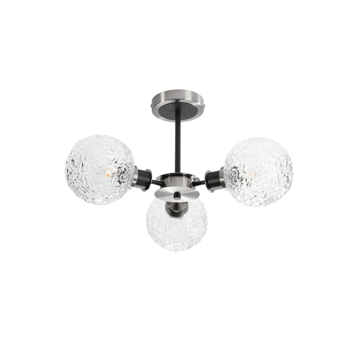 Idolite Haughton IP Semi Ceiling, 3 x E14 With 15cm Round Textured Crumple Glass Shade, Satin Nickel, Clear & Satin Black