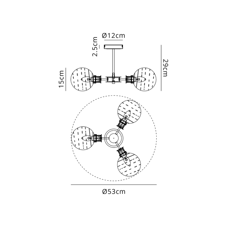 Idolite Haughton IP Semi Ceiling, 3 x E14 With 15cm Round Textured Melting Glass Shade, Brass, Clear & Satin Black