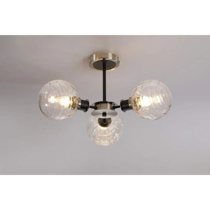 Idolite Haughton IP Semi Ceiling, 3 x E14 With 15cm Round Textured Melting Glass Shade, Satin Nickel, Clear & Satin Black
