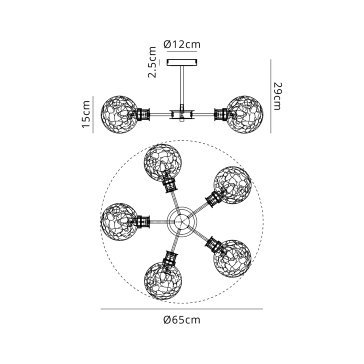 Idolite Haughton IP Semi Ceiling, 5 x E14 With 15cm Round Crackled Glass Shade, Brass, Clear & Satin Black