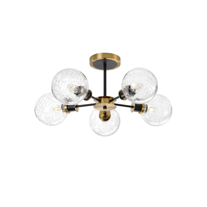 Idolite Haughton IP Semi Ceiling, 5 x E14 With 15cm Round Crackled Glass Shade, Brass, Clear & Satin Black