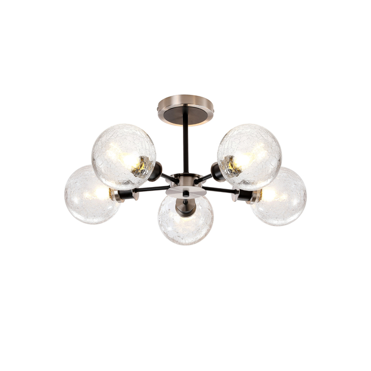 Idolite Haughton IP Semi Ceiling, 5 x E14 With 15cm Round Crackled Glass Shade, Satin Nickel, Clear & Satin Black