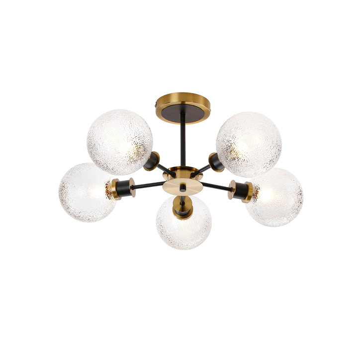 Idolite Haughton IP Semi Ceiling, 5 x E14 With 15cm Round Dimpled Glass Shade, Brass, Clear & Satin Black