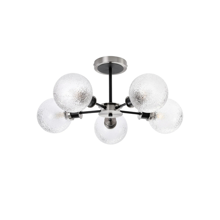 Idolite Haughton IP Semi Ceiling, 5 x E14 With 15cm Round Dimpled Glass Shade, Satin Nickel, Clear & Satin Black