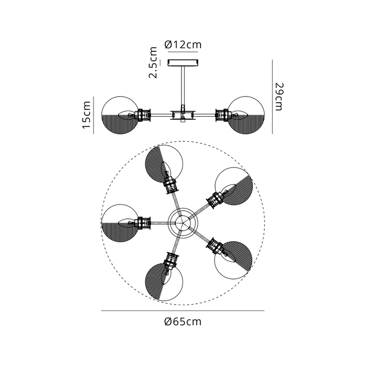 Idolite Haughton IP Semi Ceiling, 5 x E14 With 15cm Round Double Textured Smooth/Ribbed Glass Shade, Satin Nickel, Smoke Plated & Satin Black