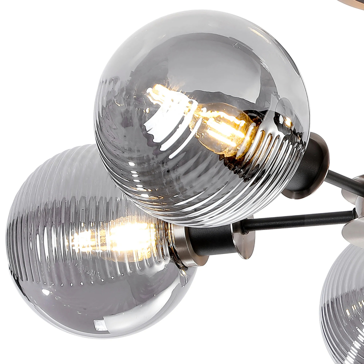 Idolite Haughton IP Semi Ceiling, 5 x E14 With 15cm Round Double Textured Smooth/Ribbed Glass Shade, Satin Nickel, Smoke Plated & Satin Black